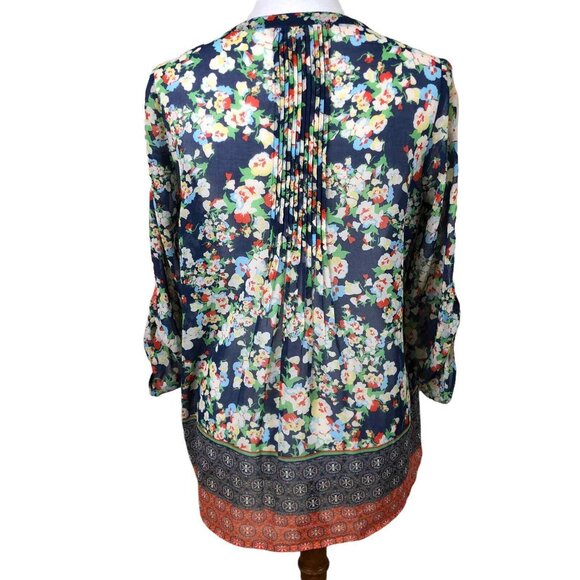 Daniel Rainn  Blue Floral Peasant Boho Blouse Shirt Size M Medium Semi Sheer Top - Picture 4 of 8